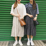 韩国ulzzang中长款格子吊带裙子夏季女宽松大码背带裙学生连衣裙