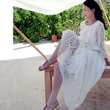 专柜新品16真丝棉七分袖蕾丝白色连衣裙夏度假长裙沙滩裙