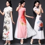 越南奥黛中式改良时尚真丝长款旗袍连衣裙夏套装日常年会迎宾礼服