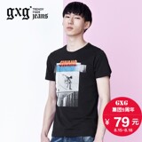 gxgjeans男装夏款时尚印花修身休闲黑色圆领短袖T恤潮#62944014