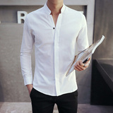 英伦青年长袖衬衫男韩版修身型亚麻男士衬衣立领中山装白色暗扣潮