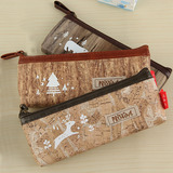 包邮新款韩国复古森林童话简约小清新木纹PU皮质笔袋收纳袋化妆包