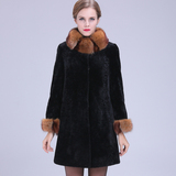 2015冬新款修身羊剪绒大衣皮毛一体女羊毛领中长款皮草外套