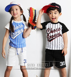 韩国进口代购男童女童拼色棒球服短袖套装中大童2015夏款CB现货