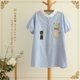日系森女可爱猫咪刺绣短袖立领上衣条纹宽松衬衫2016夏装新款女装