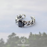RockSugar925纯银韩国复古做旧方形钻黑玛瑙锆石粗款链条开口戒指