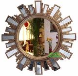 北欧美式仿古客厅装饰镜玄关镜子太阳壁挂镜背景墙壁饰镜子圆形镜