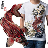 中国风男装短袖 原创鲤鱼图案刺绣复古印花菊花男装青年修身花t恤