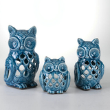 北欧蓝色镂空猫头鹰摆件烛台陶瓷家居样板房软装饰品美式复古做旧