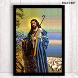耶稣抱着小羊画像基督信仰教堂装饰画有框画壁挂画西方油画艺术