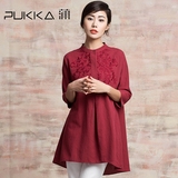 Pukka/蒲牌2016春装新款原创大码棉麻刺绣衬衣套头圆立领中袖衬衫