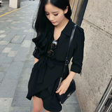 QS 2016春季新款女 黑色不对称韩版宽松修身中长款腰带风衣外套