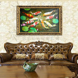 欧式手绘油画客厅沙发挂画横版装饰画风水荷花九条锦鲤鱼年年有余