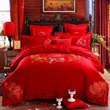 全棉贡缎绣花婚庆四件套大红色结婚床上用品四件套新婚双人床床盖