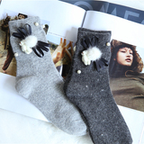 日系羊绒堆堆袜女韩国复古小熊中筒袜秋冬短靴袜森系毛线中筒袜子
