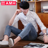 AMH男装韩版2016春装新款青年扣领尖领图案修身长袖衬衫OF5250瑃