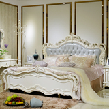 迈乐 欧式奢华白色描金实木雕花双人床真皮床1.8米橡木大床公主床