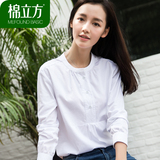 棉立方宽松衬衫女2016秋季新款女装韩版纯棉上衣圆领套头白色衬衫