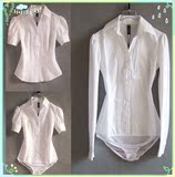 韩版春夏女士短袖衬衣职业装工作服白商务衫时尚长袖连体衬衫V领