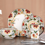 外贸西式4件2人瓷器彩绘陶瓷餐具环保无铅花卉马克杯碗餐盘包邮