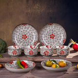 包邮 日式釉下彩陶瓷碗 陶瓷餐具套装 碗盘碟勺 可微波炉结婚礼品