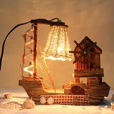 热卖复古木制台灯创意帆船带钟表八音乐盒田园木质卧室床头装饰灯