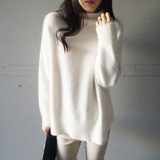 韩国秋冬新款白色兔毛高领宽松毛衣女套头前短后长开叉针织衫加厚