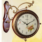 欧式复古挂钟客厅装饰实木纯铜双面钟表时尚创意时钟静音双面挂表