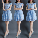 soe蓝色雪纺短袖蓬蓬裙高腰显瘦甜美蕾丝公主裙连衣裙夏季超短款