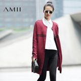 Amii[极简主义]2016秋撞色条纹立领中长款棒球衫大码针织毛衣外套