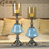 新古典欧式美式复古新中式创意浪漫烛光晚餐蓝色陶瓷蜡烛烛台摆件