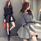 2016韩版显瘦连衣裙春款时尚套装新品长袖A字裙女修身针织两件套