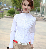 2016春秋韩版蕾丝长袖衬衫女职业套装衬衫打底白色衬衣长款立领