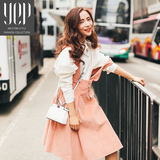 YEP2016夏装韩版新品灯芯绒粉色背带裙子高腰修身连衣裙女