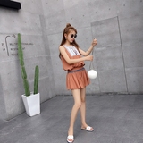 夏季新款2016韩版宽松棉麻民族风无袖背心两件套褶皱半身裙套装女