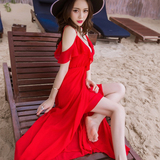 韩国荷叶边露肩波西米亚雪纺长裙沙滩裙中长款海边度假显瘦连衣裙
