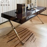 现代简约不锈钢脚贴黑檀木皮台面书桌椅写字桌样板房书房家具定做