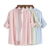 2016新款韩国春夏粉色格子衬衫薄款空调衫 棉麻长袖衬衣防晒衫女