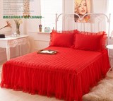 大红色婚庆韩式夹棉床罩1.51.82米加厚蕾丝床裙加棉公主床套单件