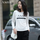 Amii[极简主义] 2016秋新大码修身白色字母印花套头长袖T恤上衣女