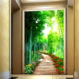 廊过道竖版玄关背景墙纸3D立体壁画清新竹林木板小路壁纸客厅走