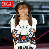 韩版短款毛衣女学生套头圆领卡通宽松拼色针织衫学院风秋冬季外套