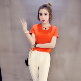 夏季新款韩版修身显瘦打底衫圆领挂脖套头镂空橘色短袖t恤女上衣