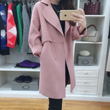 莎贞2016韩版秋冬装新款中长款藕粉色毛呢外套女时尚显瘦呢子大衣