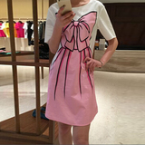 代购 Moschino 16夏新款时尚甜美芭比蝴蝶结印花短袖圆领连衣裙女