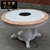 欧式大理石餐桌火锅桌 酒店批发实木白色圆形餐桌椅组合带电磁炉