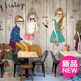 个性时尚手绘素描大型壁画 咖啡厅服装店沙发背景墙无缝壁纸定制