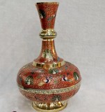 印度纯手工铜雕14英寸纯铜制品精美图案大肚花瓶