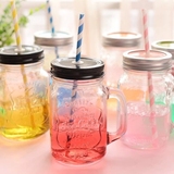 创意渐变彩色梅森玻璃瓶 夏日果汁饮料透明带盖有吸管水杯子