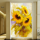 大幅欧式壁纸玄关竖版背景壁画油画布打印客厅装饰画向日葵